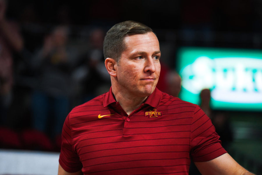 Iowa State mens basketball coach T.J. Otzelberger walks onto the floor before the Cyclones 67-50 win over the University of Missouri on Jan. 29.