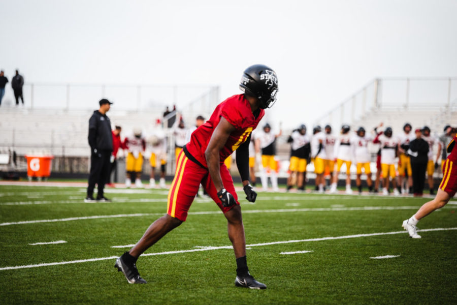 Iowa State freshman Greg Gaines III lines up for a drill during the Cyclones final spring practice April 15 at Gilbert High School.