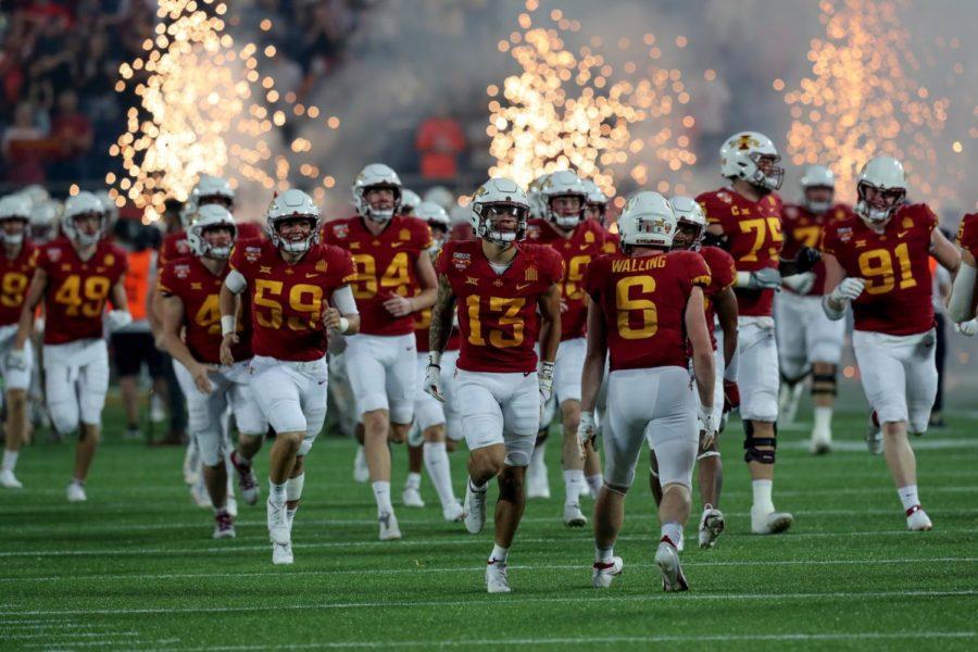 Iowa+State+runs+onto+the+field+for+pregame+introductions+during+the+2021+Cheez-It+Bowl+on+Dec.+29.