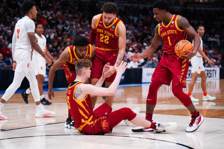 Iowa+State+guards+Tyrese+Hunter%2C+Gabe+Kalscheur+and+Izaiah+Brockington+help+Aljaz+Kunc+off+the+floor+during+Iowa+States+70-56+loss+to+the+Miami+Hurricanes+in+the+Sweet+16+on+March+25+in+Chicago%2C+Illinois.
