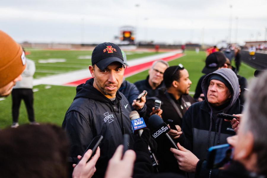 Iowa State head football coach Matt Campbell talks with reporters after Iowa States last spring football practice April 15 at Gilbert High School.