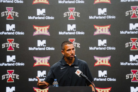 Iowa State football head coach Matt Campbell talks with the media during the first day of fall camp Aug. 2.
