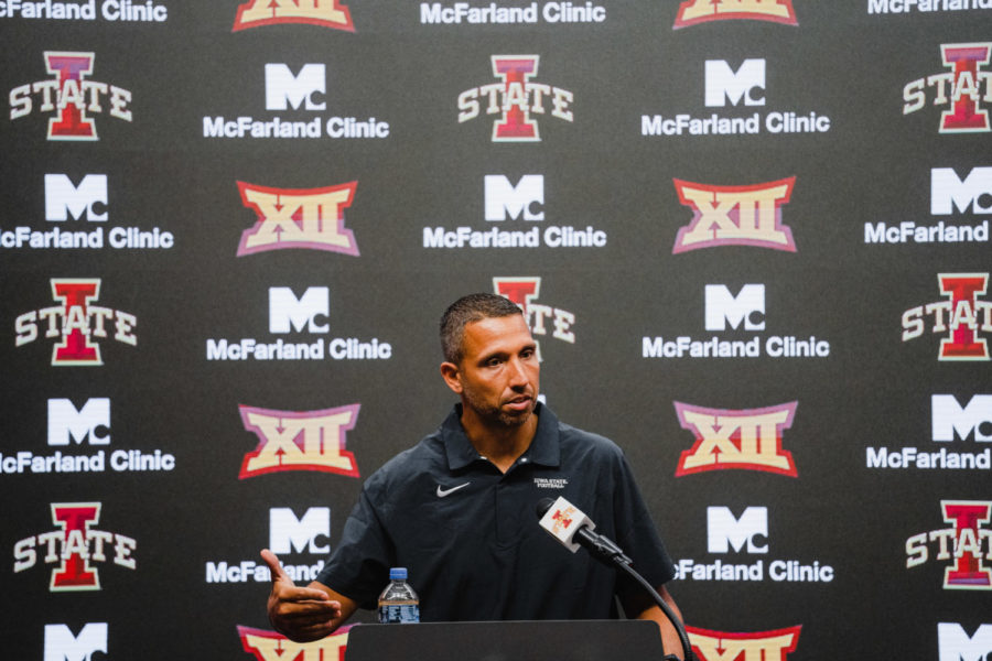 Iowa+State+football+head+coach+Matt+Campbell+talks+with+the+media+during+the+first+day+of+fall+camp+Aug.+2.