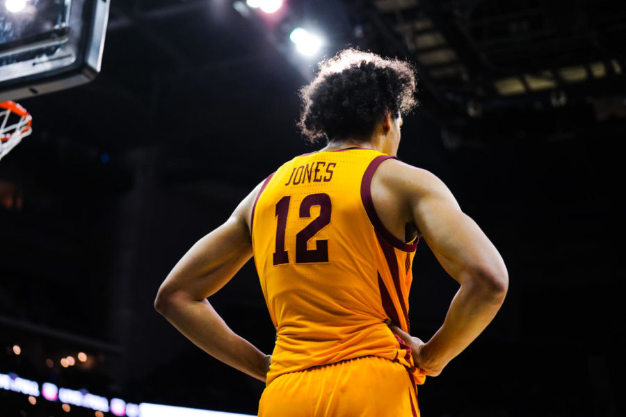 Robert Jones gets ready to inbound the ball during the Cyclones 72-41 loss to Texas Tech on March 10 at the 2022 Big 12 Mens Basketball Championship.