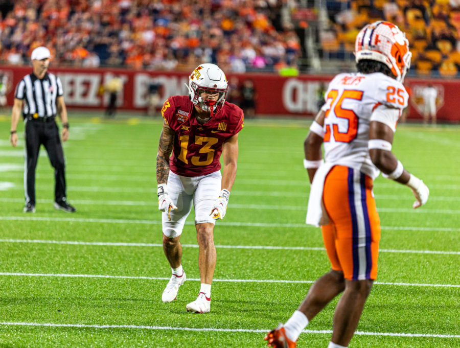 Iowa State receiver Jaylin Noel lines up against No. 19 Clemson in the 2021 Cheez-It Bowl on Dec. 29, 2021.