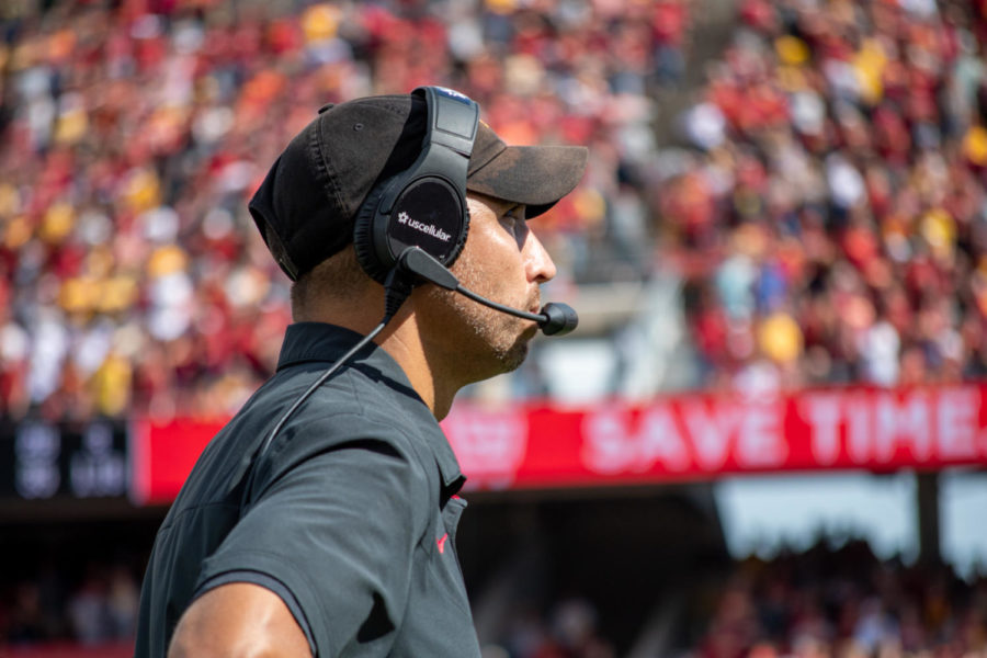 A focused Matt Campbell watches his players compete against Baylor on Sept. 24