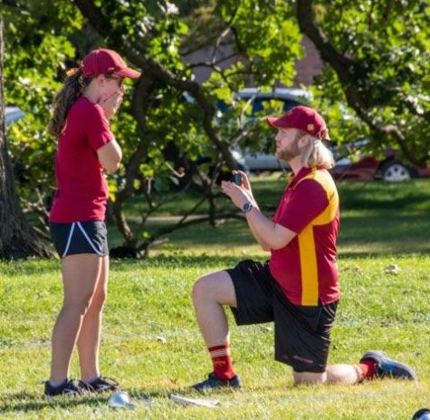A member of the Cyclone Marching Band proposed to his high school sweetheart at a band rehearsal Aug. 31. Courtesy of Emma Today and Adam Eichhorn.