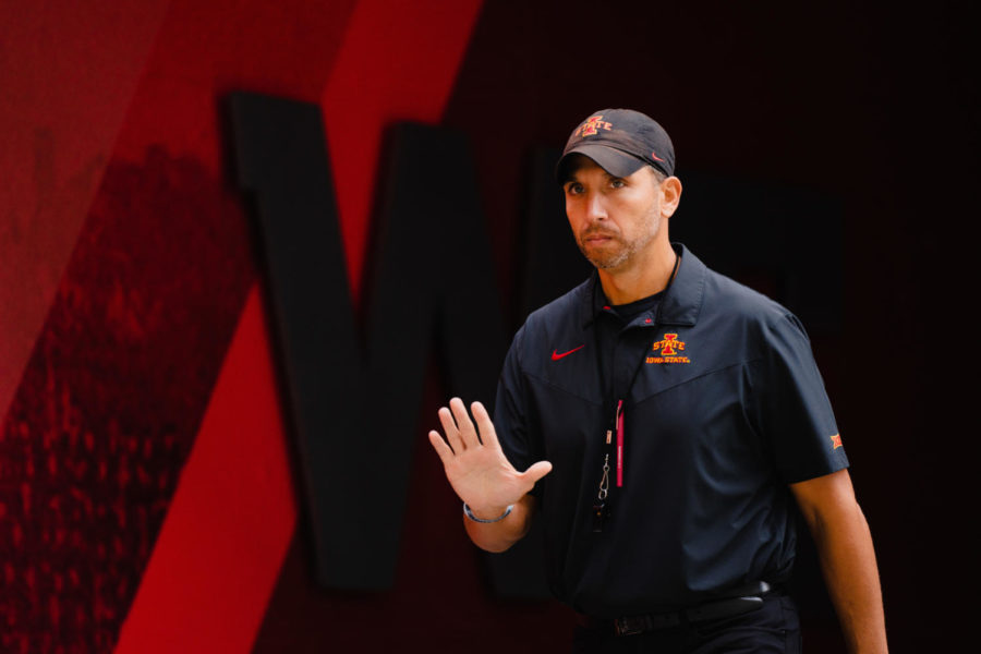 Iowa State head coach Matt Campbell waves toward his staff as he walk out of the football player entrance at the ISU v Ohio football game on Sept. 17, 2022. 