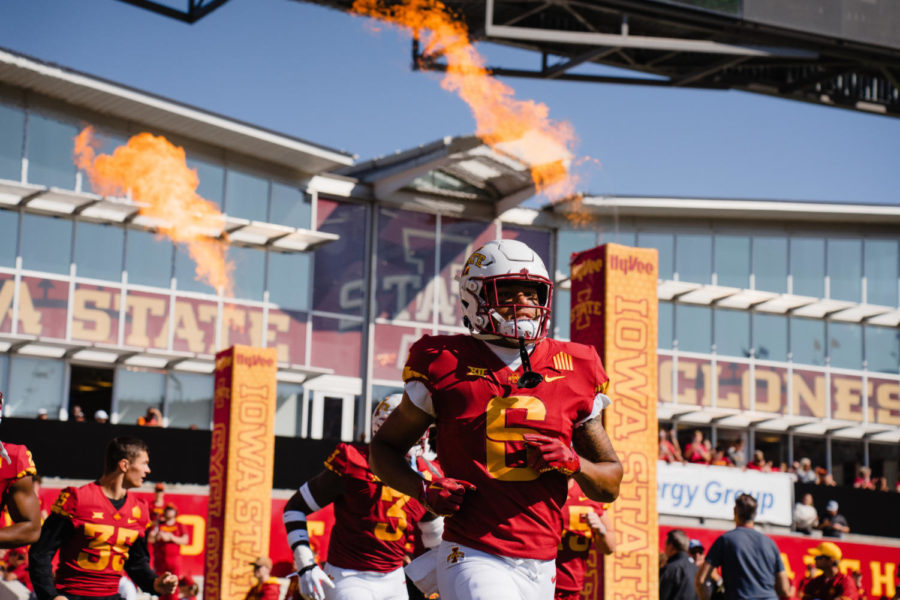 Eli Sanders takes the field at the ISU vs. Baylor football game. Sept. 24, 2022. 