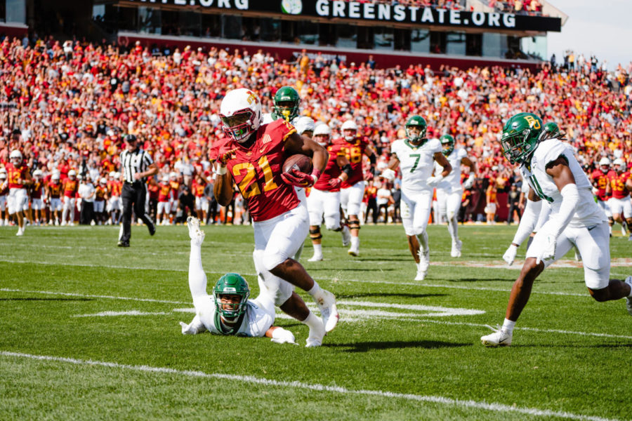 ISU running back Jirehl Brock rushes for a touchdown at the ISU vs. Baylor football game. Sept. 24, 2022. 