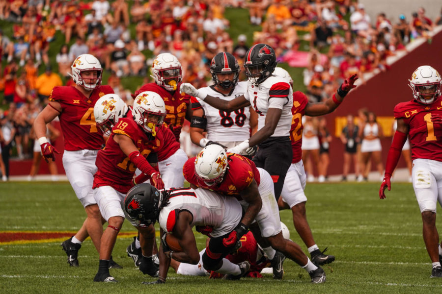Group of Cyclones combine to bring down Southeast Missouri State player on Sept. 3.