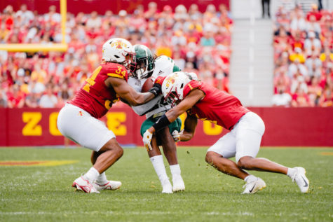 Anthony Johnson and ORien Vance tackle an Ohio WR at the ISU v Ohio Football game. Sept. 17, 2022. 