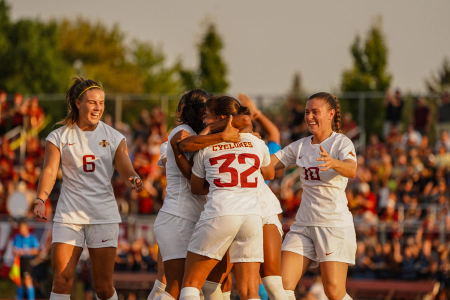 Cyclone soccer celebrates during 2-1 win in CyHawk game on Sept. 8.
