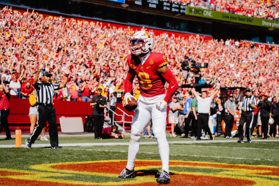 ISU wide receiver Xavier Hutchinson celebrates after a touchdown at the ISU v Baylor football game on Sept. 24, 2022. 
