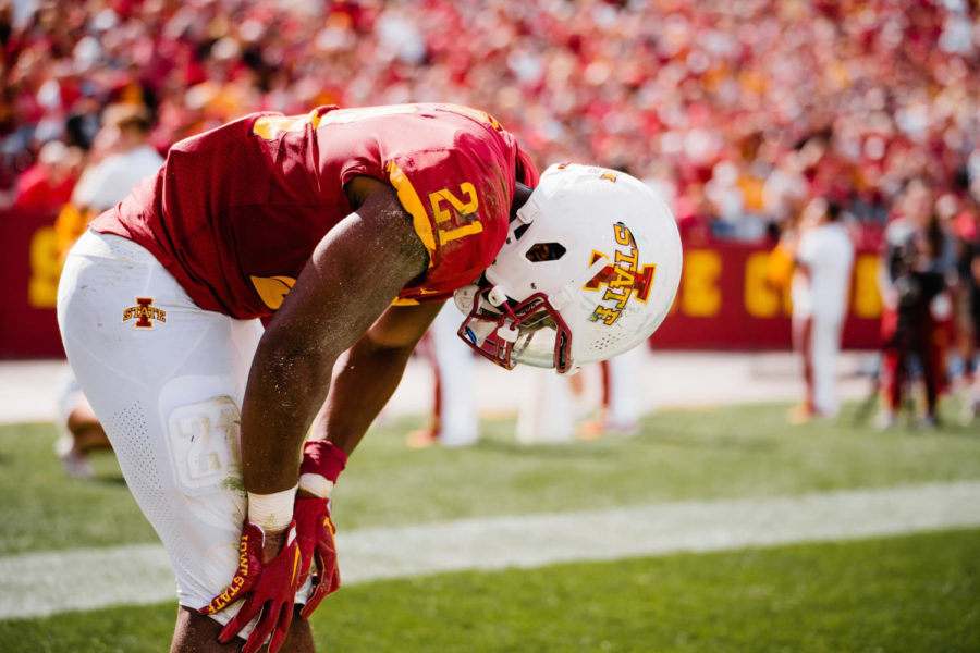 ISU running back Jirehl Brock takes a breath after a difficult touchdown at the ISU vs. Baylor football game. Sept. 24, 2022. 