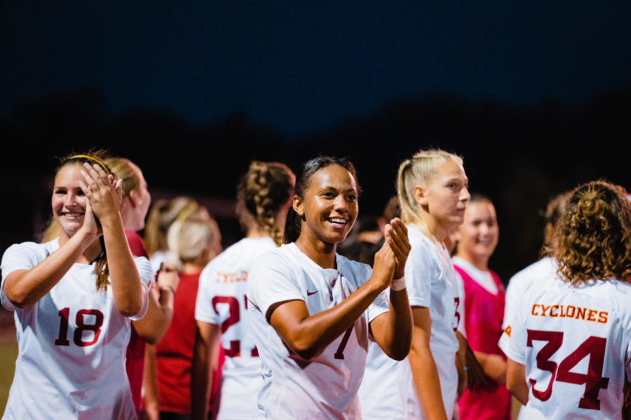 Cyclone soccer players celebrate after beating Iowa on Sept. 8