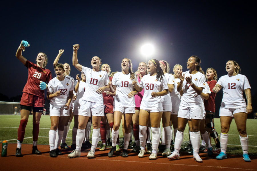 Cyclone soccer players celebrated CyHawk win on Sept. 8