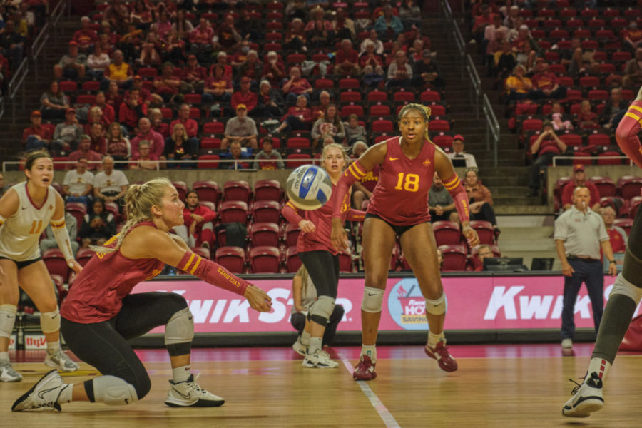 Cyclone Kelsey Perry watches as teammate Kate Shannon bumps the ball against Wright State on Sept. 10