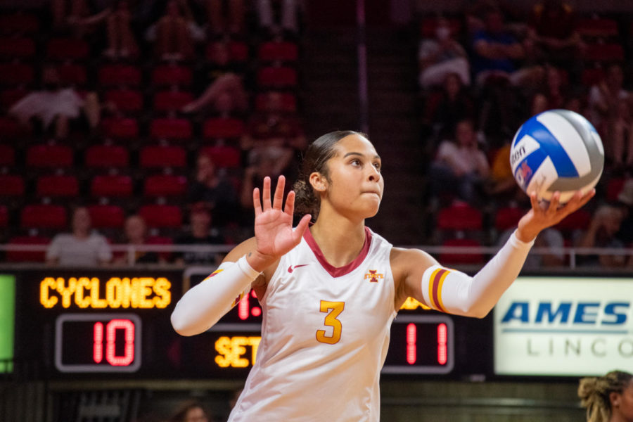 Iowa State setter Jaden Newsome serves during her teams matchup with Drake in the Cardinal and Gold Challenge.