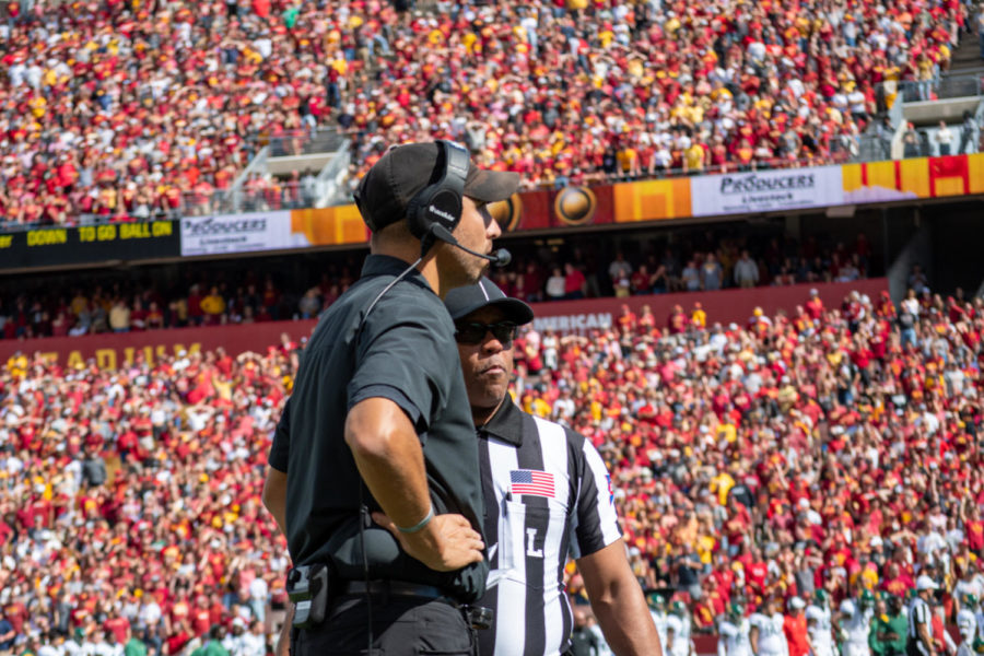 Matt Campbell talks with a referee in the game against Baylor on Sept. 24