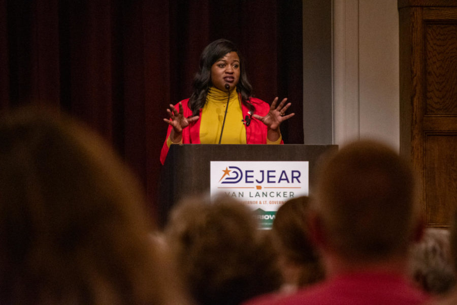 Deidre DeJear, Democratic candidate for the gubernatorial race, presented her key campaign points to students Tuesday evening.