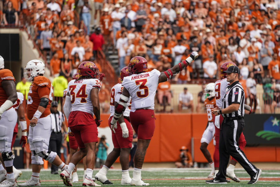 Defensive lineman signals a fourth down in 24-21 loss to Texas on Oct. 15.
