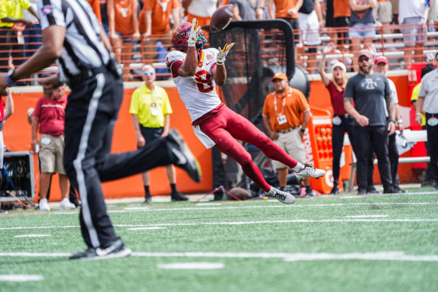 Xavier Hutchinson drops potential game winning pass against Texas on Oct. 16.