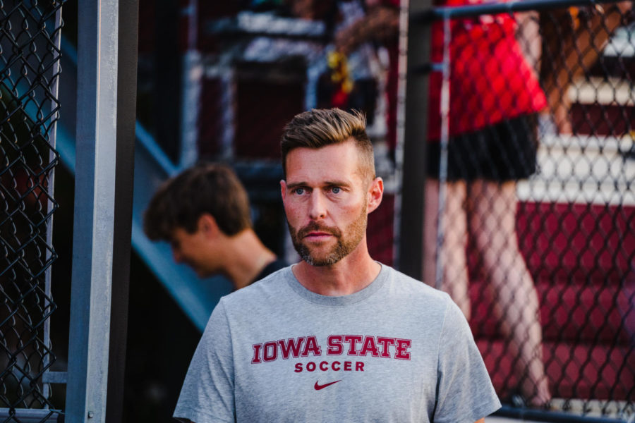 Head+soccer+coach+Matt+Fannon+watches+from+the+sidelines+as+Iowa+State+defeats+Iowa+on+Sept.+9.