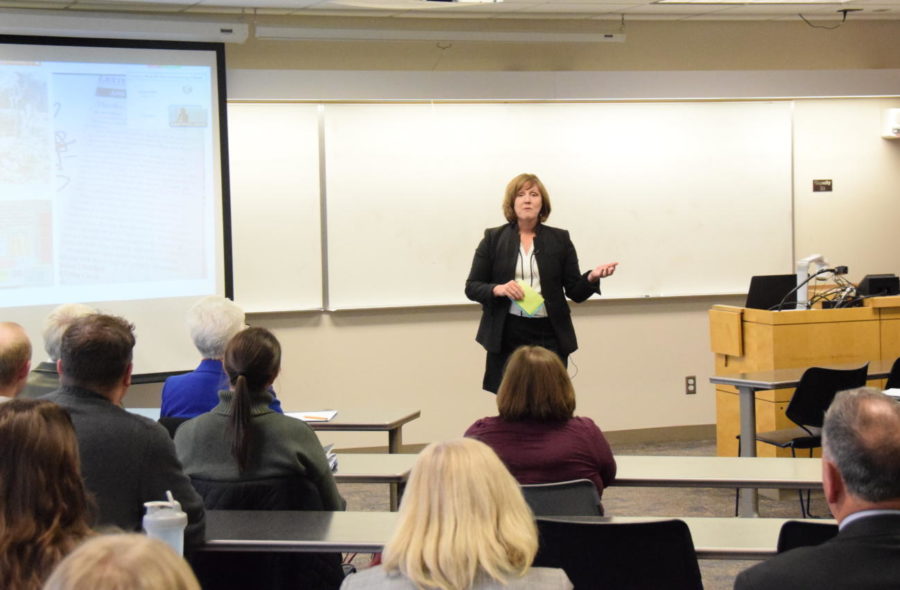 Lindsey Shirley pictured during her presentation at the public forum during her visit to campus.
