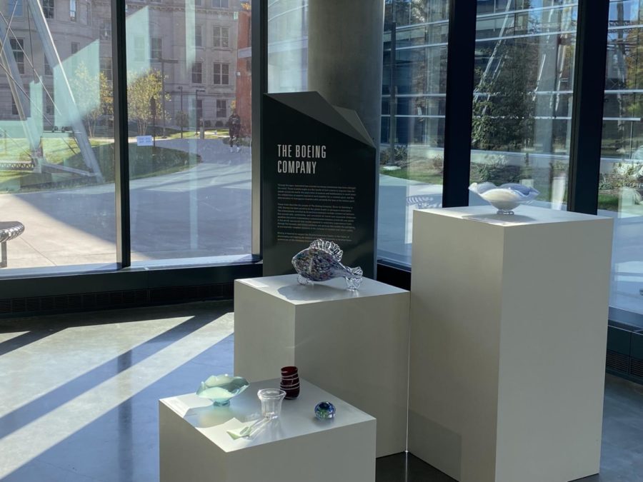 Glassware created by students in the Gaffers Guild is on display in the Student Innovation Center.