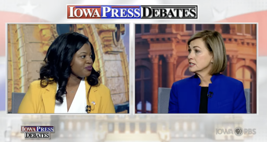 The+debate+hosted+by+Iowa+Press+Debates+between++Republican+incumbent+Kim+Reynolds+and+Democratic+candidate+Deidre+DeJear+was+held+at+a+round+table.