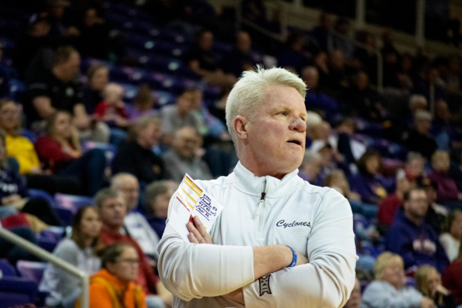 Head coach Bill Fennelly watches his team in the nail-biter game against UNI at the McLeod Center on Nov. 16, 2022.
