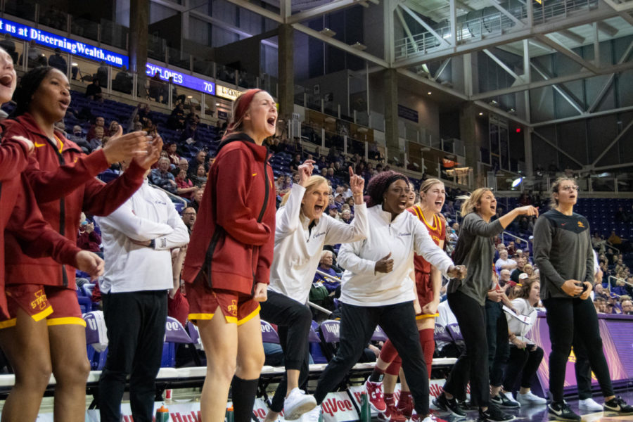 The Iowa State bench erupts after a foul was called in the game against UNI at the McLeod Center on Nov. 16, 2022.