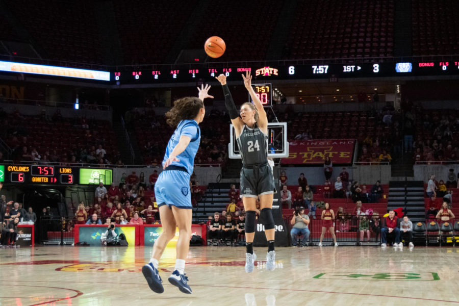 Ashley Joens attempts a three in the game against Columbia University on Nov. 20, 2022.