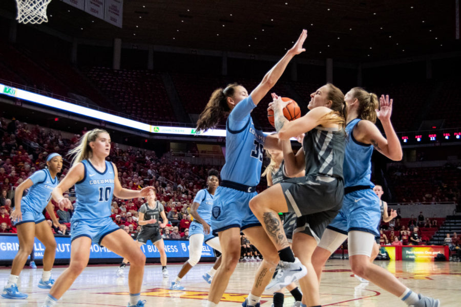 Denae Fritz is swarmed while trying to get to the basket in the game against Columbia University on Nov. 20, 2022.