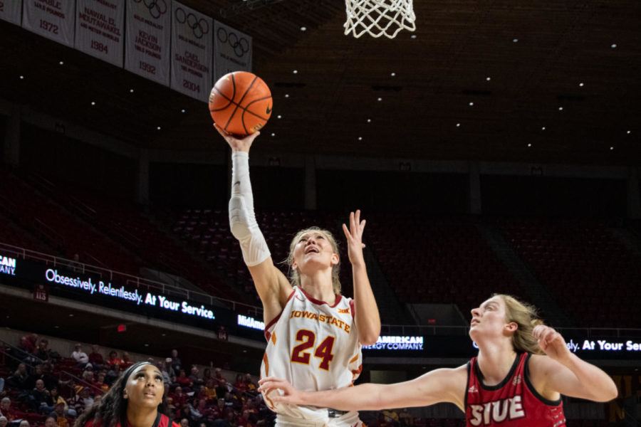 Ashley Joens attempts a layup in traffic during the game against SIUE in Hilton Coliseum on Tuesday Nov. 29, 2022.