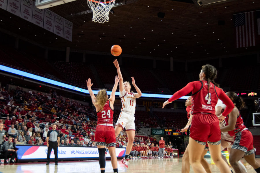 Emily Ryan puts up a shot while fading away in the game against SIUE in Hilton Coliseum on Tuesday Nov. 29, 2022.