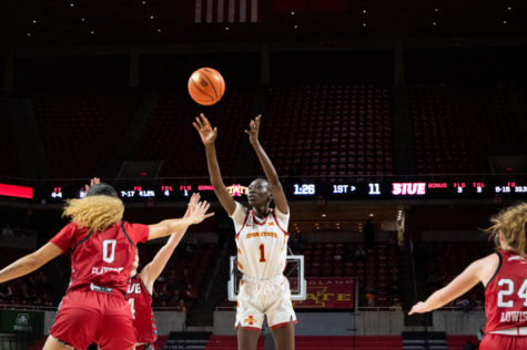Nyamer Diew puts up a midrange shot in the game against SIUE in Hilton Coliseum on Tuesday Nov. 29, 2022.