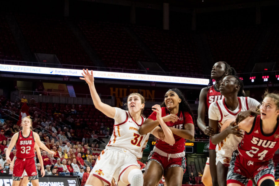 Morgan Kane is pushed down while boxing out in the game against SIUE in Hilton Coliseum on Tuesday Nov. 29, 2022.
