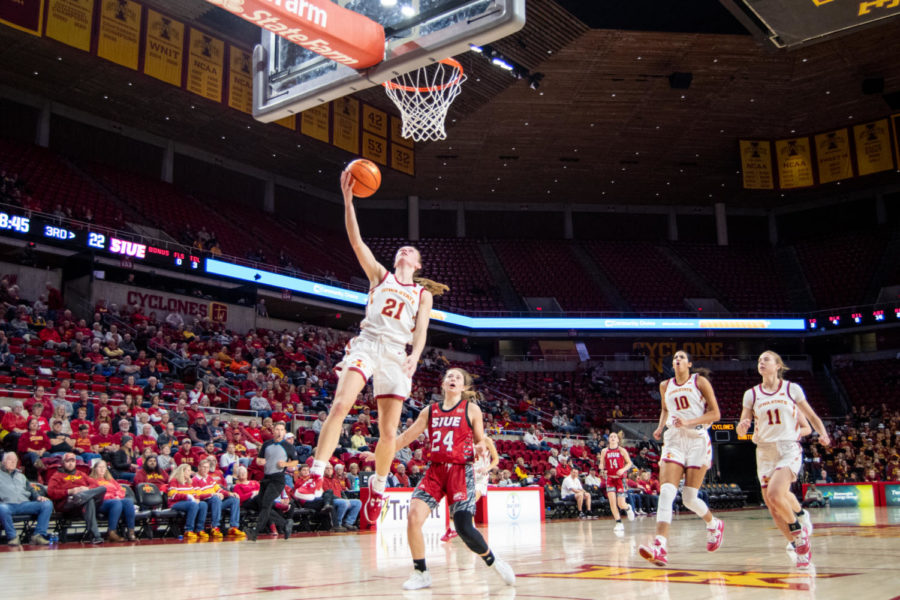 Lexi Donarski steals the ball and jumps for a layup in the game against SIUE in Hilton Coliseum on Tuesday Nov. 29, 2022.