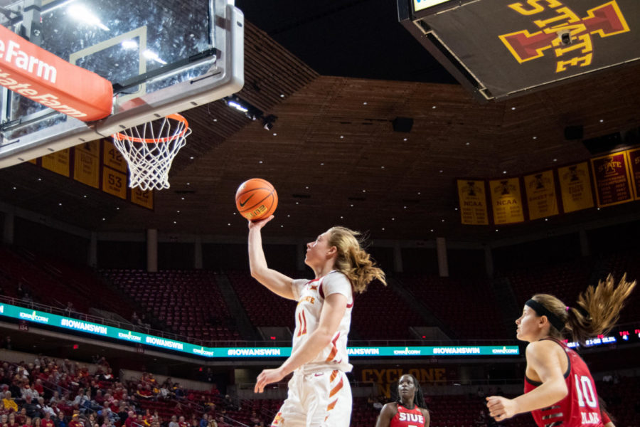Emily Ryan jumps for a layup in the game against SIUE in Hilton Coliseum on Tuesday Nov. 29, 2022.
