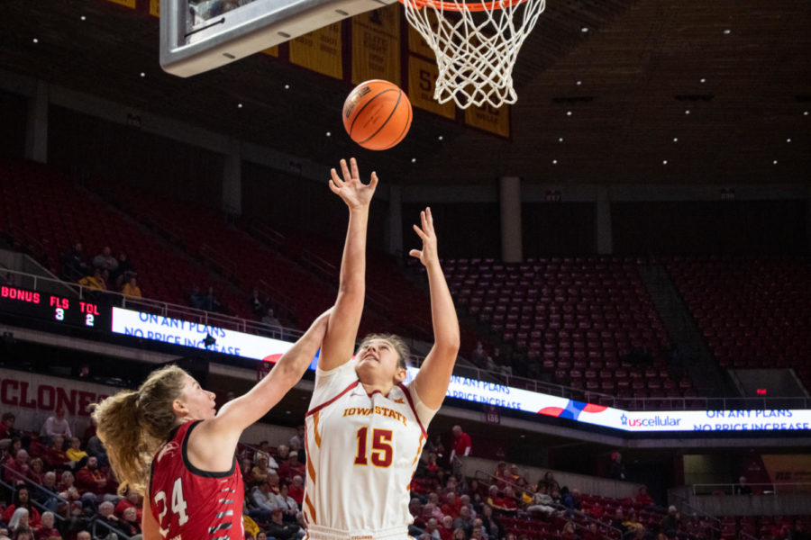 Izzi Zingaro jumps for a layup in the game against SIUE in Hilton Coliseum on Tuesday Nov. 29, 2022.