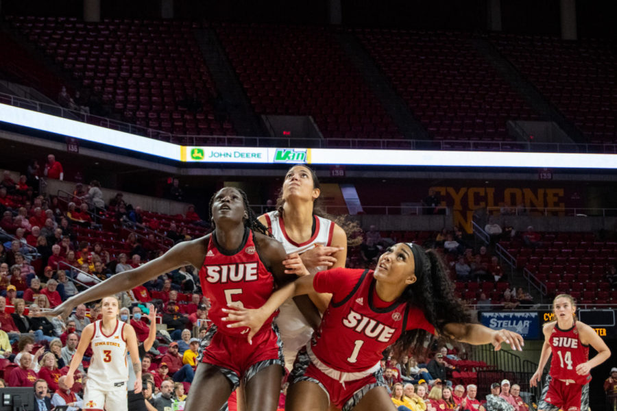 Stephanie Soares is swarmed by defenders in the game against SIUE in Hilton Coliseum on Tuesday Nov. 29, 2022.