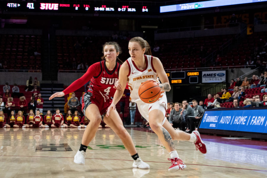 Denae Fritz drives past a defender in the game against SIUE in Hilton Coliseum on Tuesday Nov. 29, 2022.