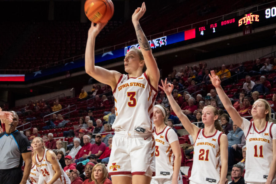 Denae Fritz attempts a three in front of her teams bench in the game against SIUE in Hilton Coliseum on Tuesday Nov. 29, 2022.