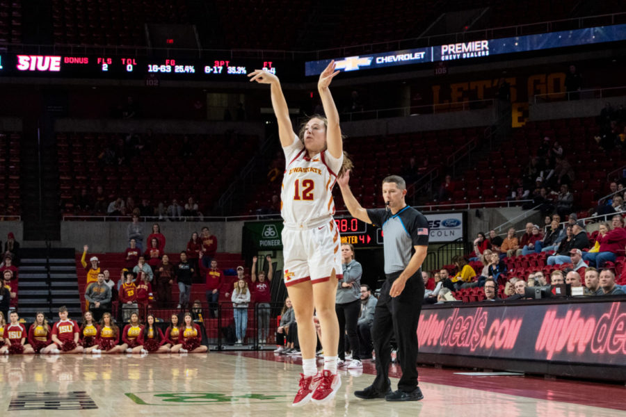 Mary Kate King puts up a three in the game against SIUE in Hilton Coliseum on Tuesday Nov. 29, 2022.