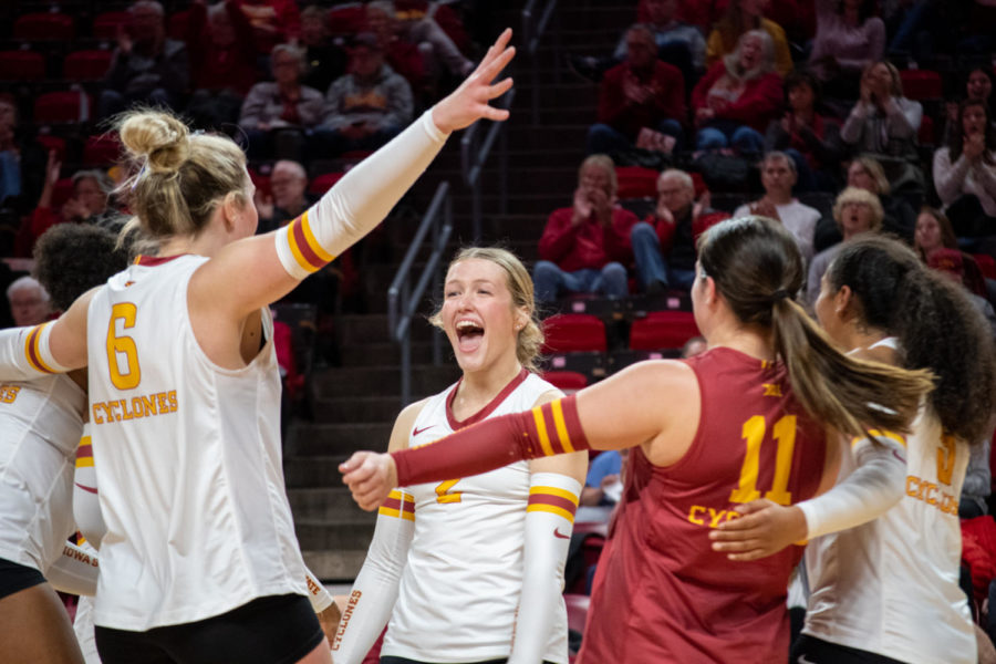 Morgan Brandt celebrates after the team gains a point in the game against Texas Tech on Saturday Nov. 12, 2022.