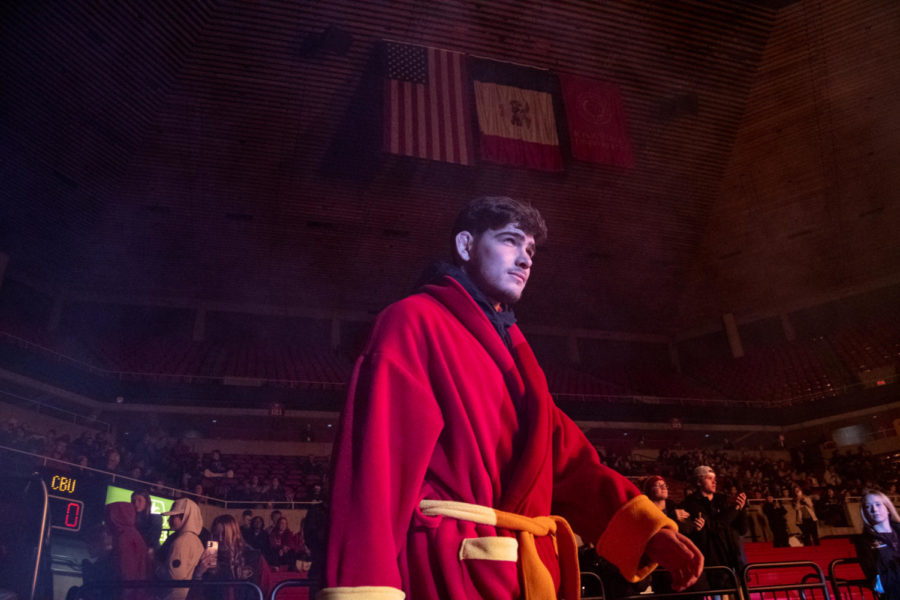 Sam Schuyler walks out in his Iowa State robe before the match against California Baptist on Saturday Nov. 12, 2022.