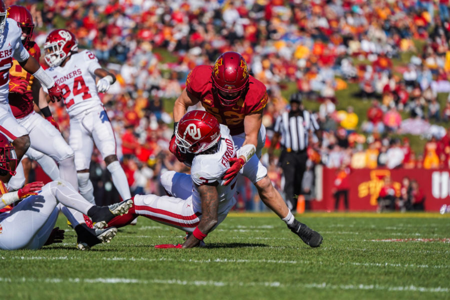 A Cyclone goes for a tackle against Oklahoma on Oct. 29
