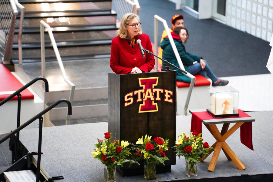 President Wendy Wintersteen speaks during the Jack Trice Ceremony on Nov. 4.